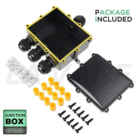 IP68 Waterproof 4 Way Junction Box Built Tough For Outdoor Use With 4 Channel Cable Connector and accessories shown