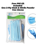 Free PPE kit with 3-ply mask and nitrile powder free gloves in clear package
