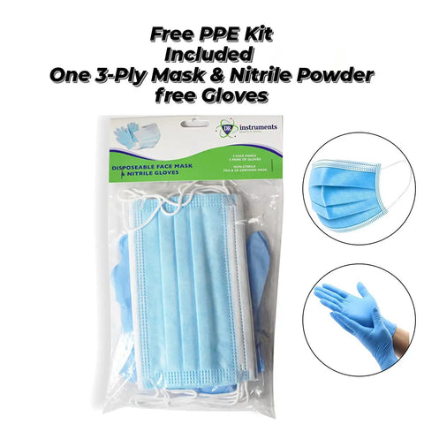 Free PPE kit with 3-ply mask and nitrile powder free gloves in clear package