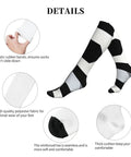 High Performance Unisex Athletic Compression Socks Featuring Graded Ankle Support Breathable Moisture Wicking Fabric Black White Piano Plate Grid Design detailed view of elastic bands and toe design.