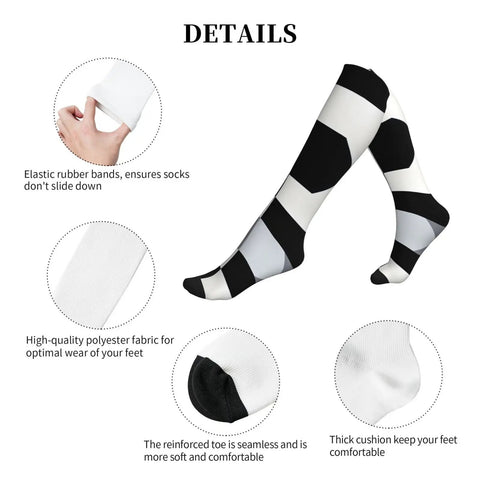 High Performance Unisex Athletic Compression Socks Featuring Graded Ankle Support Breathable Moisture Wicking Fabric Black White Piano Plate Grid Design detailed view of elastic bands and toe design.
