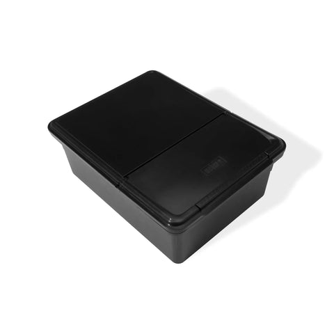 Black weather resistant outdoor storage bin for grill tools and gear with hinged lid grab and go drop in fit for grill side tables.