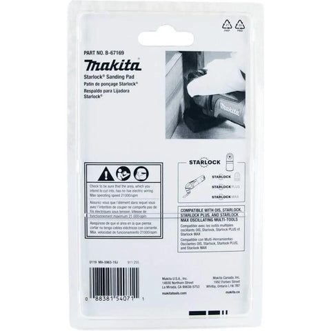Back view of Makita Starlock Sanding Pad B-67169 packaging showing features and compatibility with multi-tools.