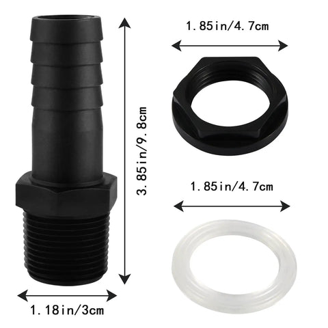 Two Pack 1 Inch PVC Bulkhead Fittings With Rubber Seals And Lock Nuts, durable connector dimensions displayed