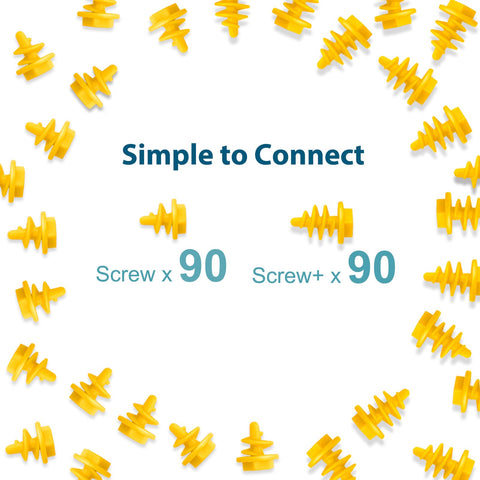 90 yellow screws and 90 screw plus pieces from 180 Piece Kids Screw Kit With 90 Screws And 90 Screw Plus Pieces Cardboard Construction Tools For STEM Fun At Home And Classroom Learning For Boys And Girls Aged 5 Plus In Yellow displayed in rows.