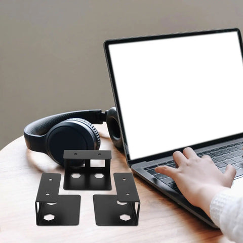 Heavy Duty Under Desk Laptop Mount Rack Designed For A No Sweat Install To Claim Back Prime Desk Real Estate While Securely Parking Laptops Tablets Routers And Keyboards, black steel brackets on wood table.