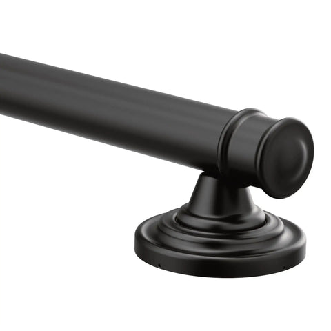 Close-up of Belfield Matte Black 18-Inch Bathroom Grab Bar with traditional design, heavy duty stainless steel, ADA compliant.