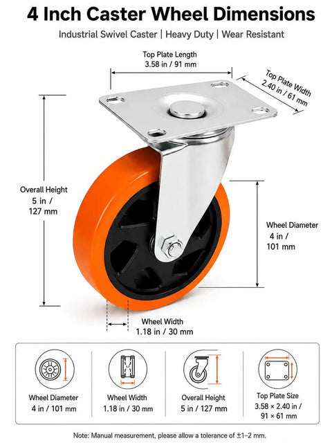 4 Inch Caster Wheel dimensions with industrial swivel casters, heavy duty wear resistant design for shop carts.