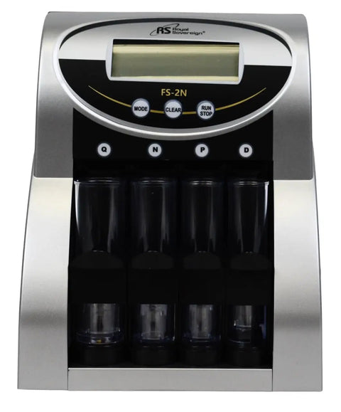 Heavy Lifter Electric Usd Coin Counter And Sorter With Dual Row Sorting Four Hundred Coin Hopper And No Drama Anti Jam Tech Plus Fast Lane Value Counting for Cash Handling, front view.