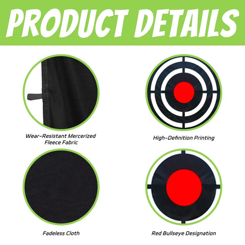 Product details of Golf Target Hitting Cloth For Backyard Practice, showing fabric, print quality, bullseye design.