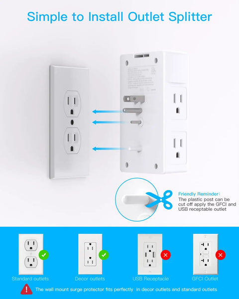 Diagram of 9 In 1 Surge Protector Wall Outlet Extender showing installation on a standard outlet with compatibility guide.