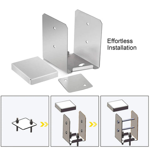 Standoff Stainless Steel Adjustable Post Base Anchor for 6 by 6 Posts showing parts and assembly steps