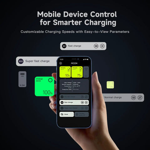 Hand holding smartphone displaying app interface for Fast 72W Dual Port Battery Charger For DJI Mini 3 Pro And Mini 4 Pro Series