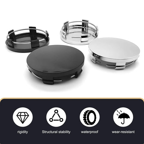 4 Pack Silver Car Wheel Center Hub Covers, 60 mm Outer Diameter And 50 mm Inner Diameter, Snap-In Rim Caps, black and silver finish