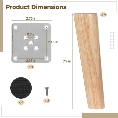 Solid Wood Furniture Leg Set 4 Pcs 7.9 Inch Angled Cone Legs With Anti Slip Pads Light Brown Finish, mounting plate, screws