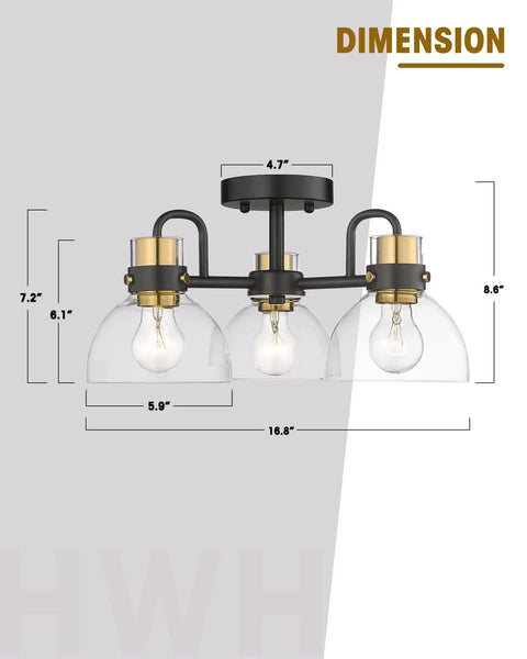 Dimensions of three light modern semi flush mount chandelier with clear glass shades matte black and brushed brass finishes