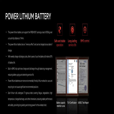 Power Lithium Battery image supporting 800kg load, showcasing safety, service life, and BMS control features.