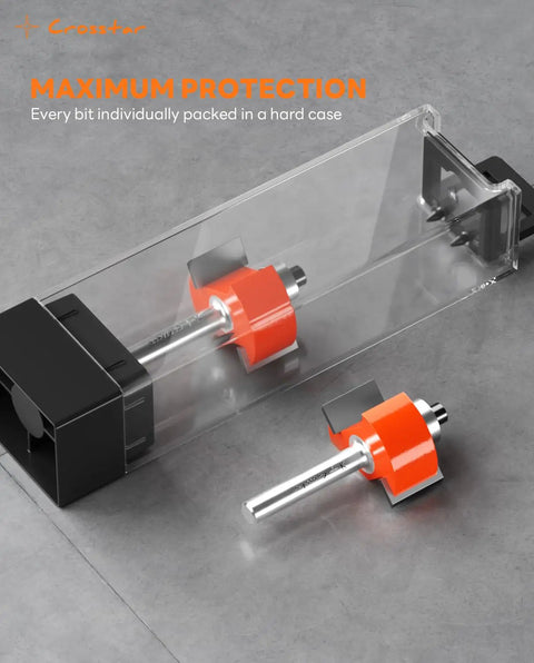 Rabbet Router Bit Set With Six Bearings And Quarter Inch Shank in protective case on gray surface