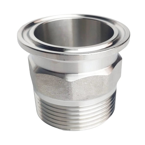 Front view of LOZOME 1.5in sanitary tri-clamp to NPT 1-1/4in hex male adapter, 304 stainless.