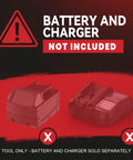 Warning image showing battery and charger not included for Heavy Duty Cordless Die Grinder featuring a Zippy 26000 Rpm Brushless Motor.