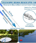 16 Foot Telescopic Stainless Steel Disc Golf Retriever Pole With Hooks and Suction Cup in use by a pond