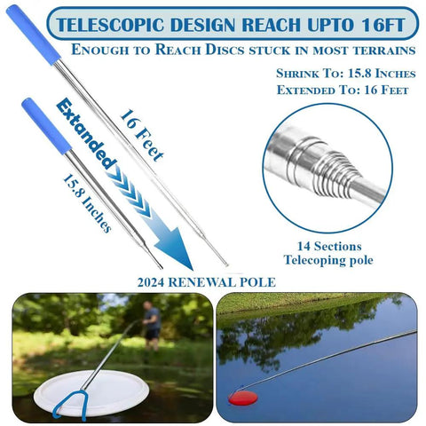 16 Foot Telescopic Stainless Steel Disc Golf Retriever Pole With Hooks and Suction Cup in use by a pond