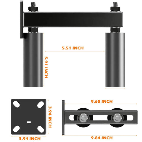6 Inch Slide Gate Guide Roller With UHMW Nylon Durable Adjustable Support Assembly in black, side and top views displayed with measurements.