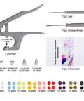 Snap Fastener Kit With Plier Dies Screwdriver Awl And Storage Case Handy 100 Sets Of 12mm Caps In 9 Colors Includes T3 T5 T8 Button Dies Ideal For Garments Crafts And DIY Clothing Projects showing plier, dies, awl, screwdriver, and instructions