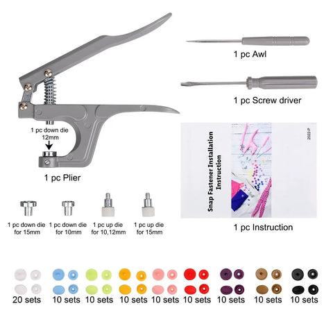 Snap Fastener Kit With Plier Dies Screwdriver Awl And Storage Case Handy 100 Sets Of 12mm Caps In 9 Colors Includes T3 T5 T8 Button Dies Ideal For Garments Crafts And DIY Clothing Projects showing plier, dies, awl, screwdriver, and instructions