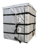 Heavy Duty Industrial Drum Heater Blanket With Adjustable Thermostat fits 275 gallon steel drums, covered in a grey insulated material.