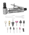 Heavy Duty 90 Degree Pneumatic Air Die Grinder With 0.3 HP Motor And Lightning Fast 20000 Rpm Speed Tough As Nails Tungsten Steel Build and accessories organized.