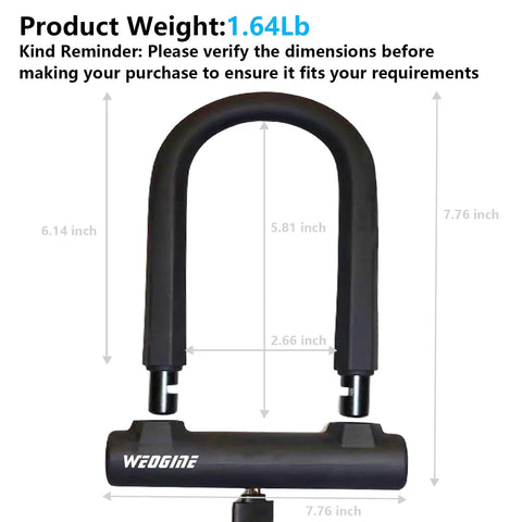 Heavy Duty Bike U Lock With 5 Foot Security Cable And 17mm Shackle, Includes 3 Keys And Mounting Bracket, dimensions shown