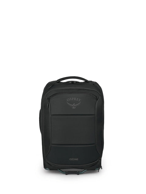 Front view of black Osprey Ozone 2-wheel carry-on luggage with top handle and Osprey logo