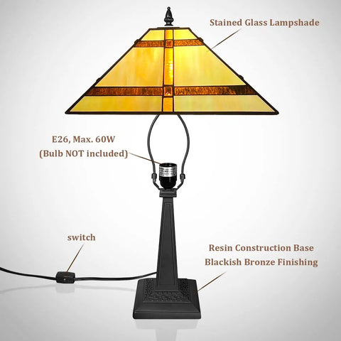 Tiffany Style Cream Stained Glass Mini Table Lamp 8x8x16 Inch with resin base and on-cord switch, Mission desk reading light.
