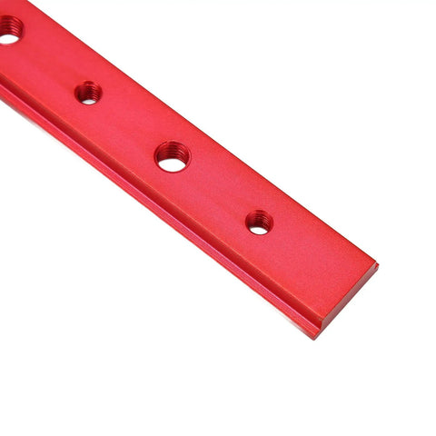 Close-up of 200mm T Slot Miter Track Jig For Woodworking Pro Grade Aluminum Alloy with red finish and screw holes.