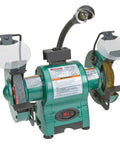 Heavy Duty 6 Inch Bench Grinder With Built In Work Light And Coolant Tray Boasts Hella Sturdy 1 3 HP Motor Delivers Top Notch Results With Durable 36 Grit Grinding Wheel Plus Wire Brush For Weekend Warriors showing the dual grinding wheels and integrated light.