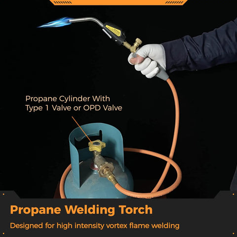 Propane Welding Torch With Type 1 Valve And OPD 78.7 Inch Hose Electric Ignition Soldering Torch held by gloved hand
