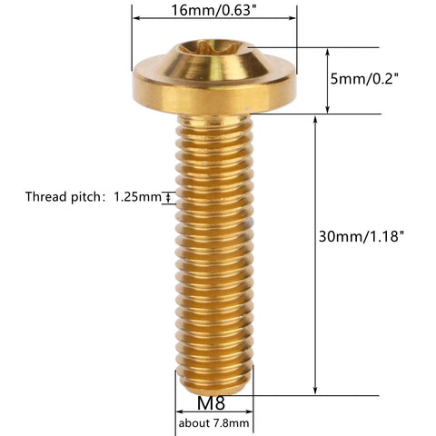 Top-Shelf Grade 5 Titanium M8x30mm Torx Head Bolts Screw Pack dimensions and gold finish details for automotive builds.