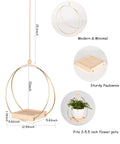 Golden Macrame Hanging Planter For Indoor Outdoor Plants With Wood Stand detail dimensions and minimalist design shown