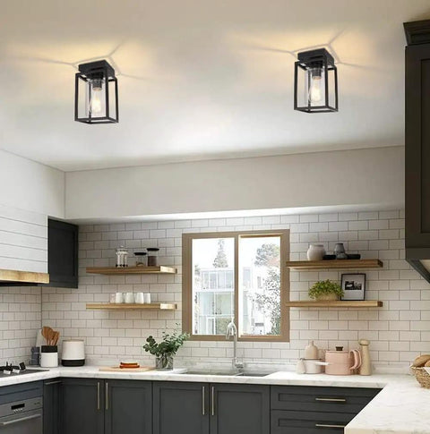 Modern kitchen with Matte Black Semi Flush Mount Ceiling Light Fixture With Clear Glass Shade Farmhouse Style Ceiling Lighting