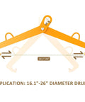 Heavy Duty 55 Gallon Vertical Drum Clamp Lifter With 1100 Pound Capacity For Steel Or Plastic Drums, measuring 16.1 to 26 inches.