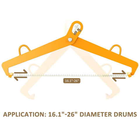 Heavy Duty 55 Gallon Vertical Drum Clamp Lifter With 1100 Pound Capacity For Steel Or Plastic Drums, measuring 16.1 to 26 inches.