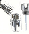 All In One Pipe Threading Kit With Integrated Internal And External Tools, Dual Function Cutting Tool For One Half Inch, Three Quarter Inch And One Inch PVC Pipes, DIY Friendly Electric Drill Compatible, Three Piece Set with measurement details.