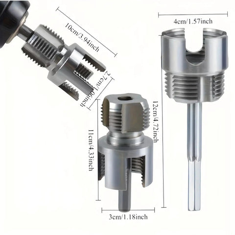 All In One Pipe Threading Kit With Integrated Internal And External Tools, Dual Function Cutting Tool For One Half Inch, Three Quarter Inch And One Inch PVC Pipes, DIY Friendly Electric Drill Compatible, Three Piece Set with measurement details.