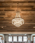 Hella Durable Reactive Water Based Voc Free Interior Wood Stain 55 Gallon used on barnwood ceiling with chandelier in rustic living room.