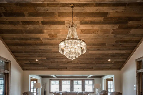 Hella Durable Reactive Water Based Voc Free Interior Wood Stain 55 Gallon used on barnwood ceiling with chandelier in rustic living room.