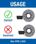 Diagram showing correct and incorrect usage of 10 inch crimped wire wheel for bench grinders, max RPM 3600.