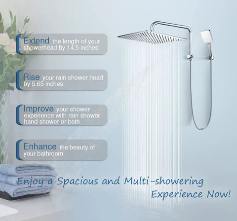 All Solid Metal Built To Last 3 Way Shower Arm Diverter Valve With 16 Inch Shower Head Extension Arm And High Rise Extender Chrome
