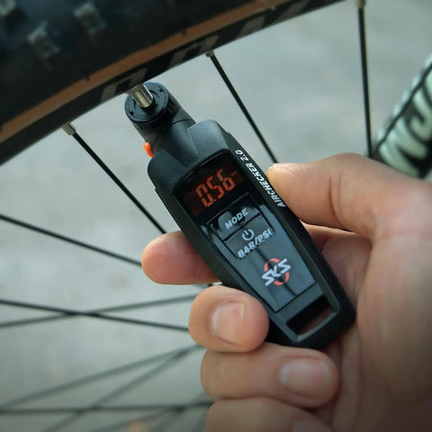 Air Checker Digital Tire Pressure Gauge For Presta And Schrader With Backlit Display Bar And PSI Readouts Quick Release Bleed Valve Compact Bike Tool On The Go, handheld on bike wheel
