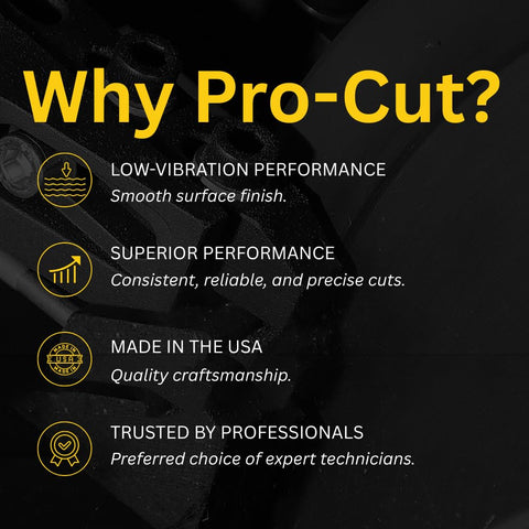 Why Pro-Cut? Low-vibration, superior performance, made in USA, trusted by professionals text on dark background.